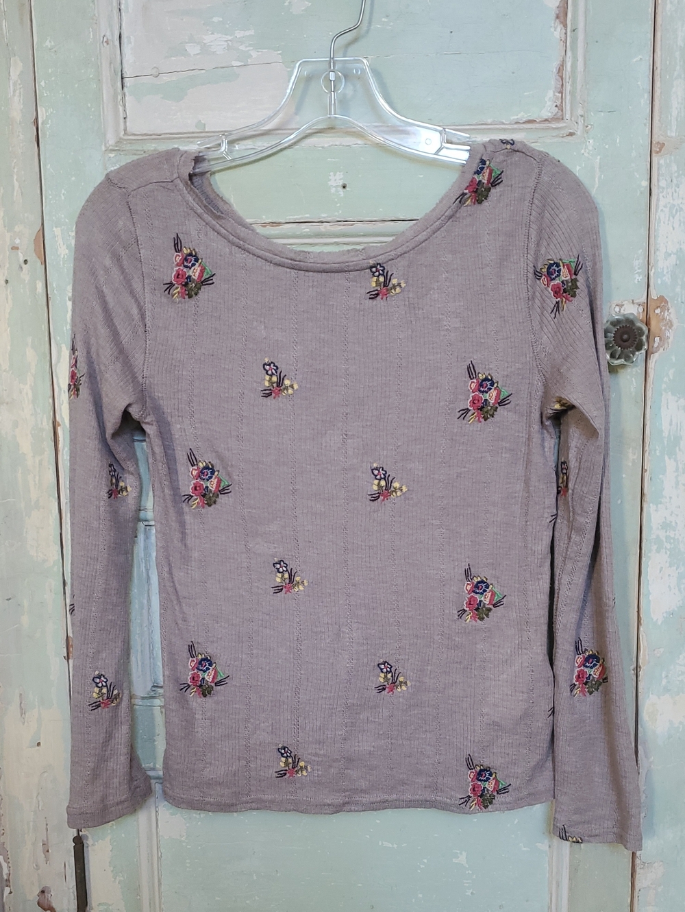 Free People Lavender Grey Embroidered Floral Long-Sleeve Tee